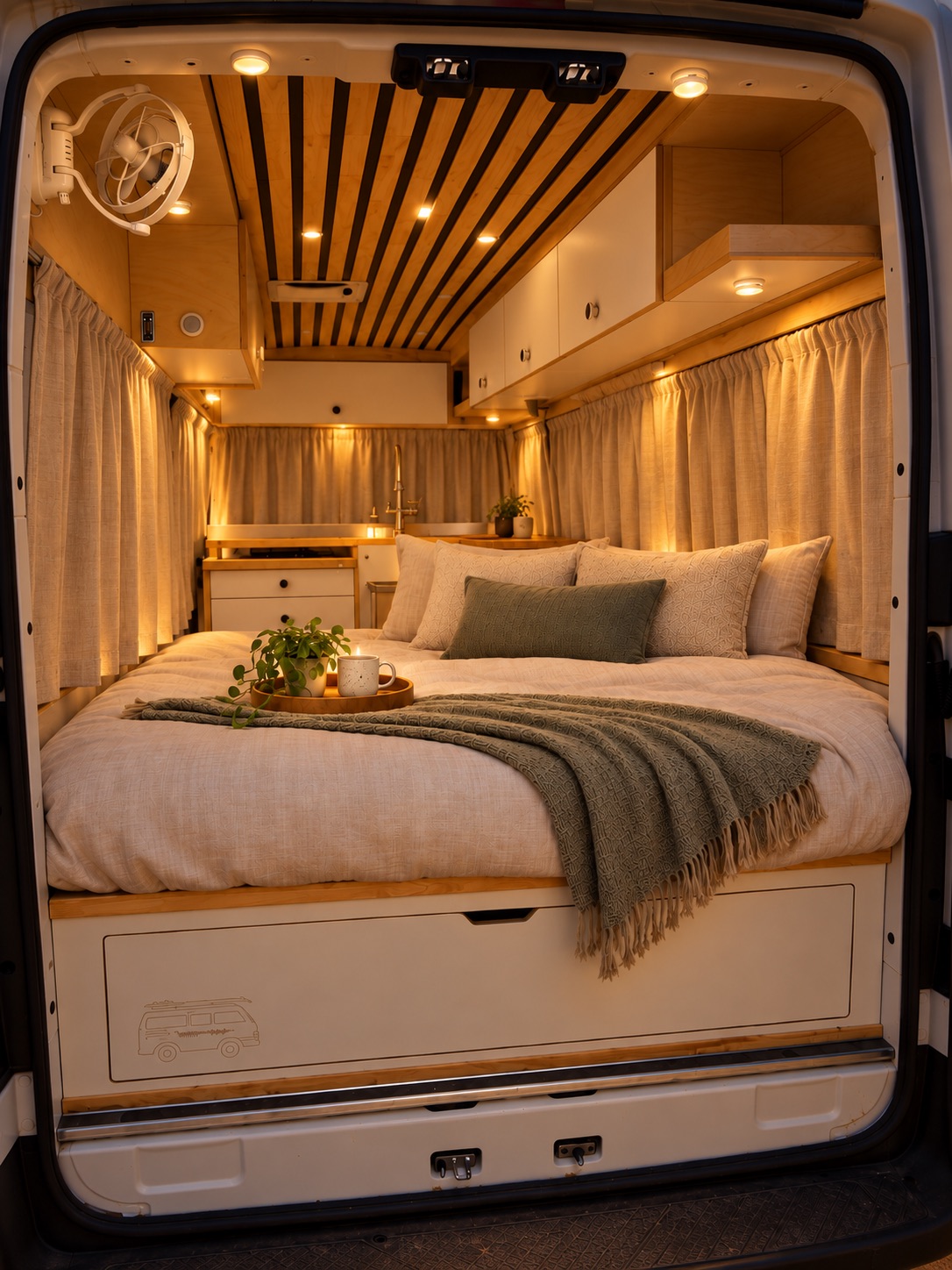 Campervan bed at dusk with linen bedding, a green throw and warm lighting